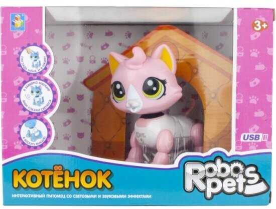 Интерактивная игрушка 1TOY Т16805 RoboPets Робо-котенок бело-розовый