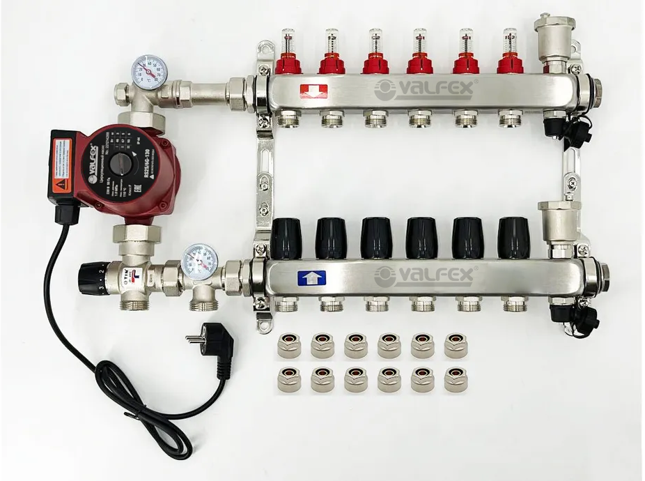 Комплект для водяного теплого пола с насосом до 100 кв/м Коллектор 6 контуров, евроконус 3/4'х16(2.0) VALFEX