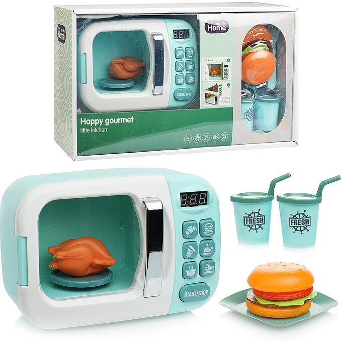 Микроволновка игрушечная с кухонными приборами и набором продуктов, бирюзовый, (свет, звук) / Бытовая техника детская Oubaoloon A1005-4 в коробке