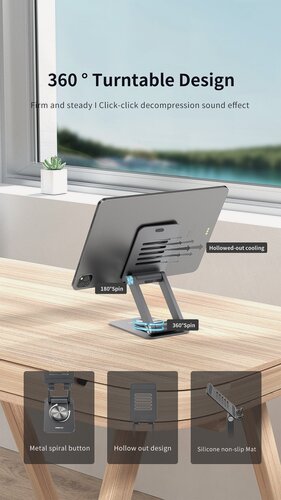 Изображение товара Подставка для телефона/планшета Recci Desktop Stand Foldable Multi-angle, алюминий, настольная, складная, Серый, RHO-M15