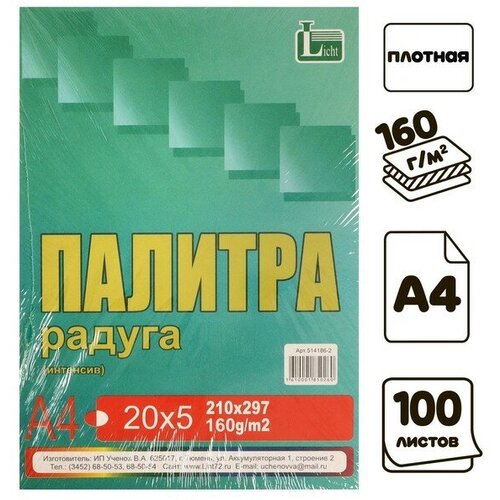 Бумага цветная А4 100л Палитра колор Интенсив 5 цветов 160г/м2 licht бумага цветная а4 100 листов палитра колор интенсив 5 цветов 80 г мx