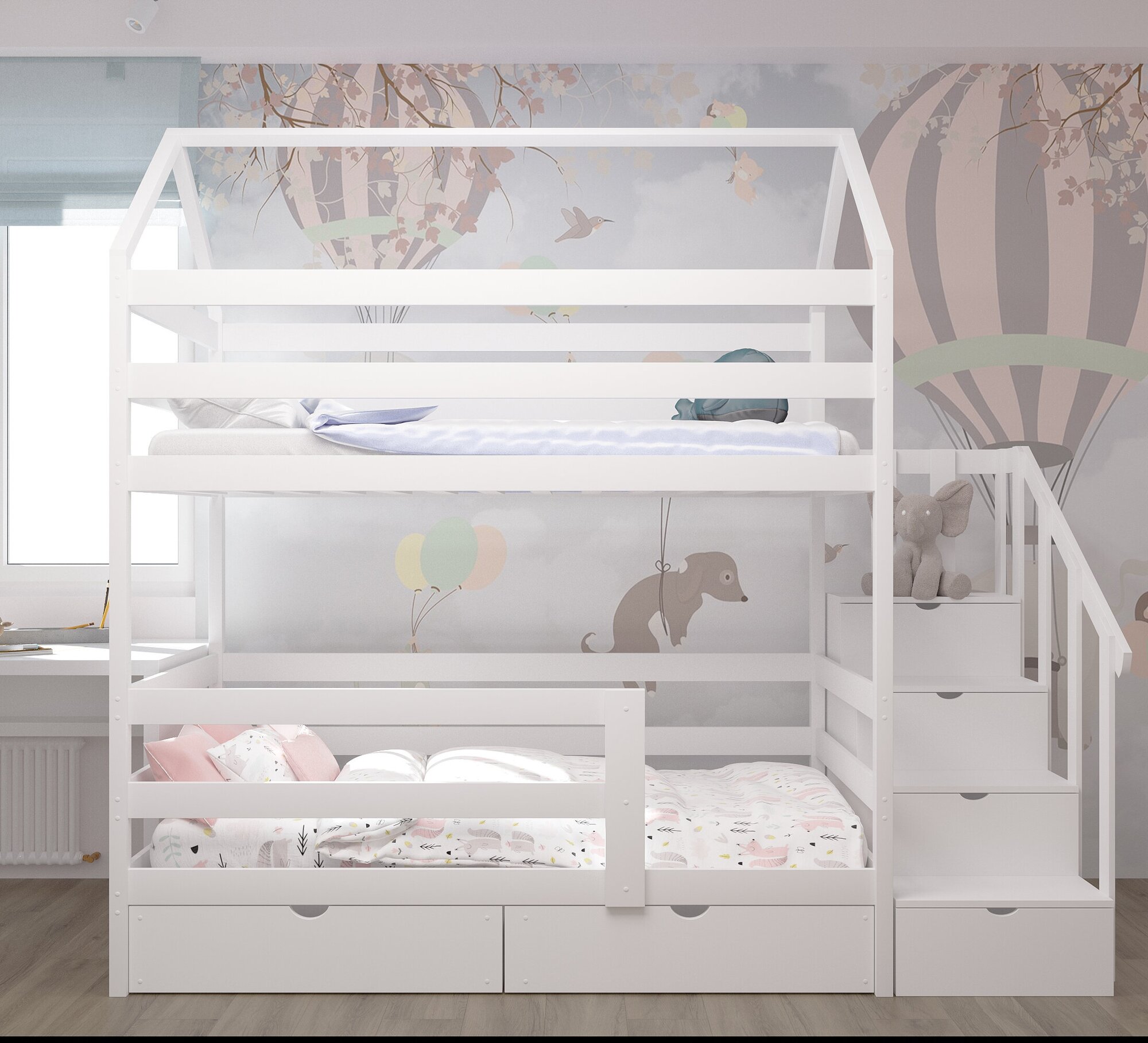 Кровать детская, подростковая "Двухъярусная с лестницей-комодом", 160х80, в комплекте с выкатными ящиками, белая, из массива - фотография № 4