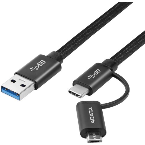 Кабель A-DATA ACM32IN1-100CMK-CBK USB AM -> USB-C + Micro USB 3.1, металлический, черный,1 метр