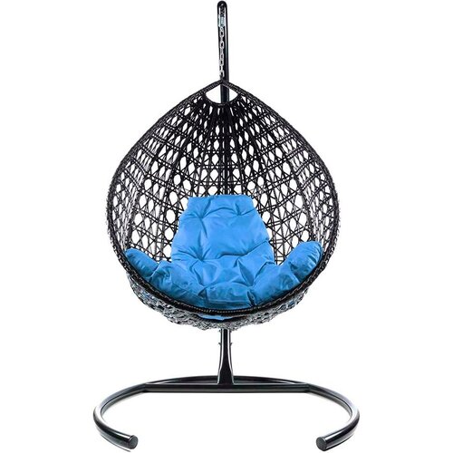 Подвесное кресло из ротанга Капля Люкс чёрное с голубой подушкой M-Group