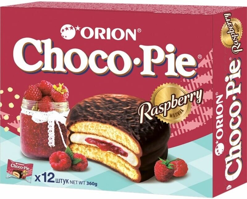 Пирожное Orion Choco Pie Raspberry бисквитное в шоколаде с малиной, 360г