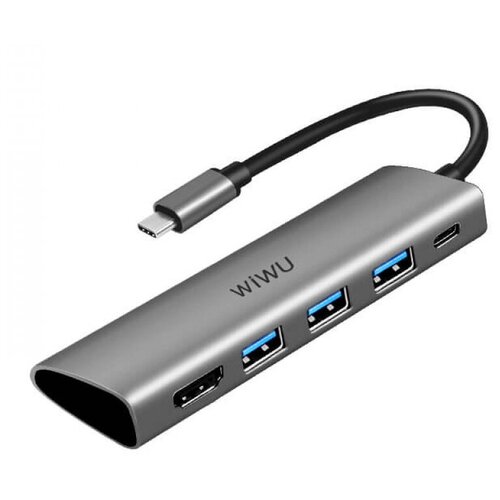 Адаптер-переходник WiWU Alpha 531H x3 USB 3.0 + Type C + HDMI Grey адаптер переходник wiwu alpha a531h type c to x3 usb 3 0 hdmi type c 5 in 1 adapter gray