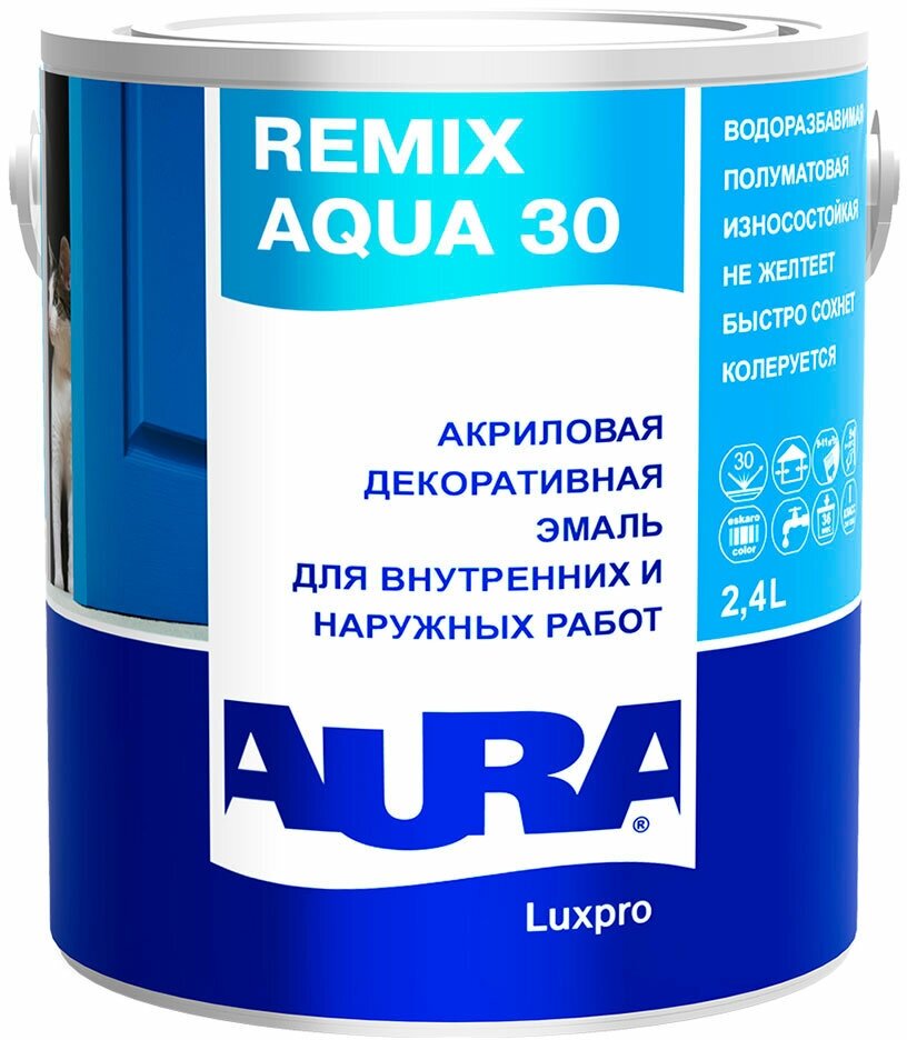 Эмаль акриловая Aura Remix Aqua 30 полуматовая белая основа А 2,4 л