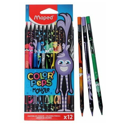 Цветные карандаши 12 цветов MAPED Color'Peps Black Monster, пластиковые, Maped