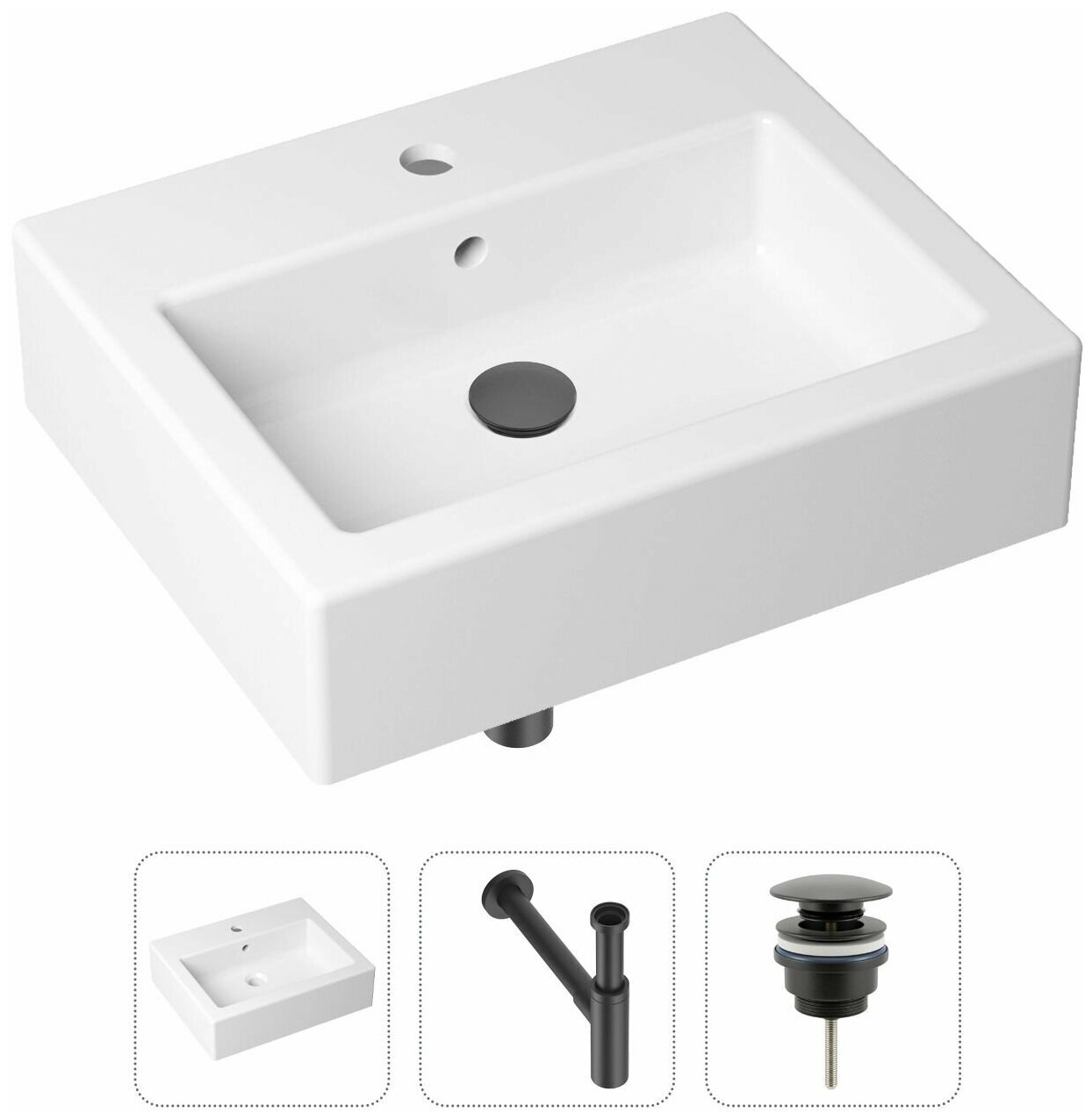 Комплект 3 в 1 Lavinia Boho Bathroom Sink 21520687: накладная фарфоровая раковина 50.5 см, металлический сифон, донный клапан