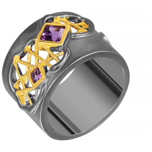 фото Широкое ювелирное кольцо из серебра 925 пробы с аметистами yr00985_ko_am_bj element47