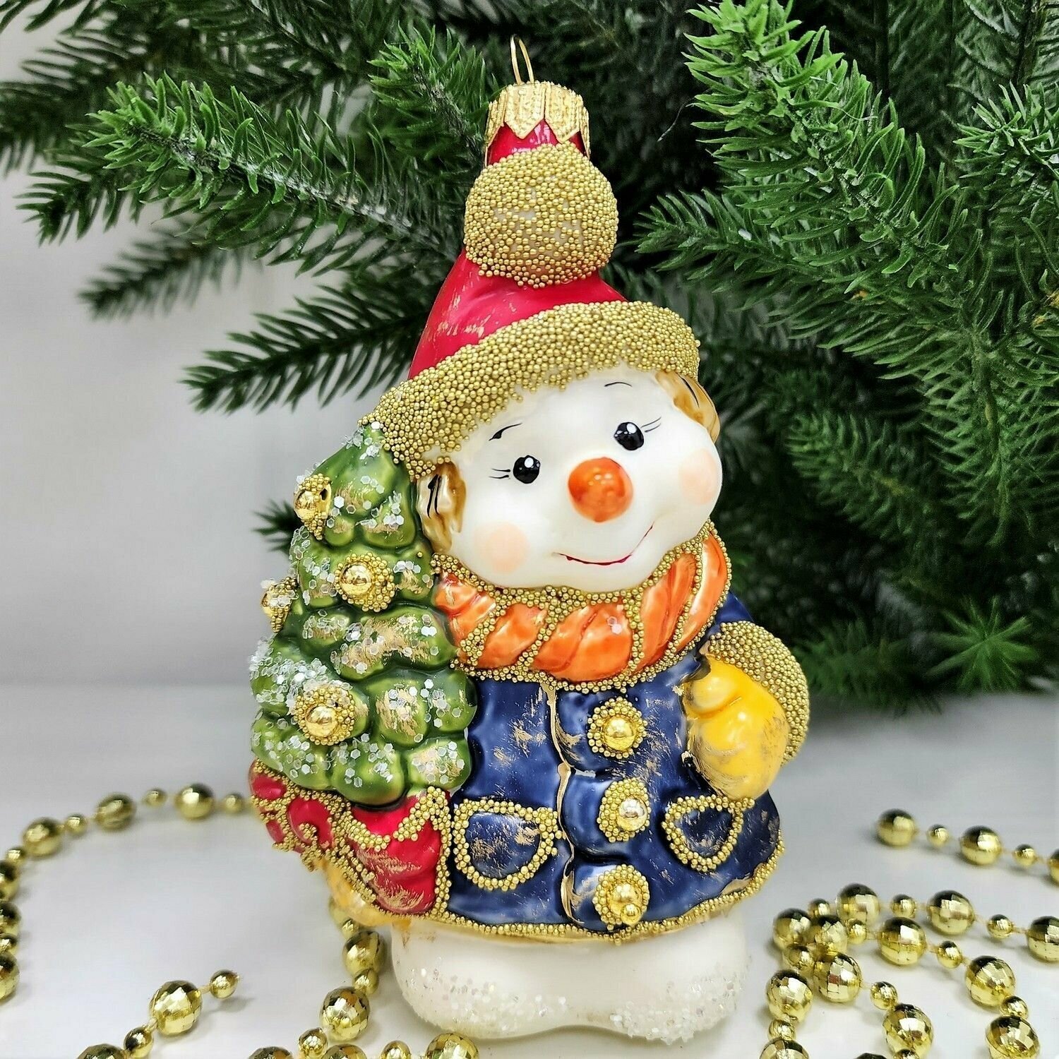 Стеклянная елочная игрушка Irena-Co Снеговик с елкой винтаж