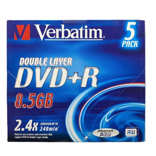 Компакт диск для записи Verbatim DVD+R Double Layer 8.5gb, 2.4x, 240min (упаковка из 5 штук)