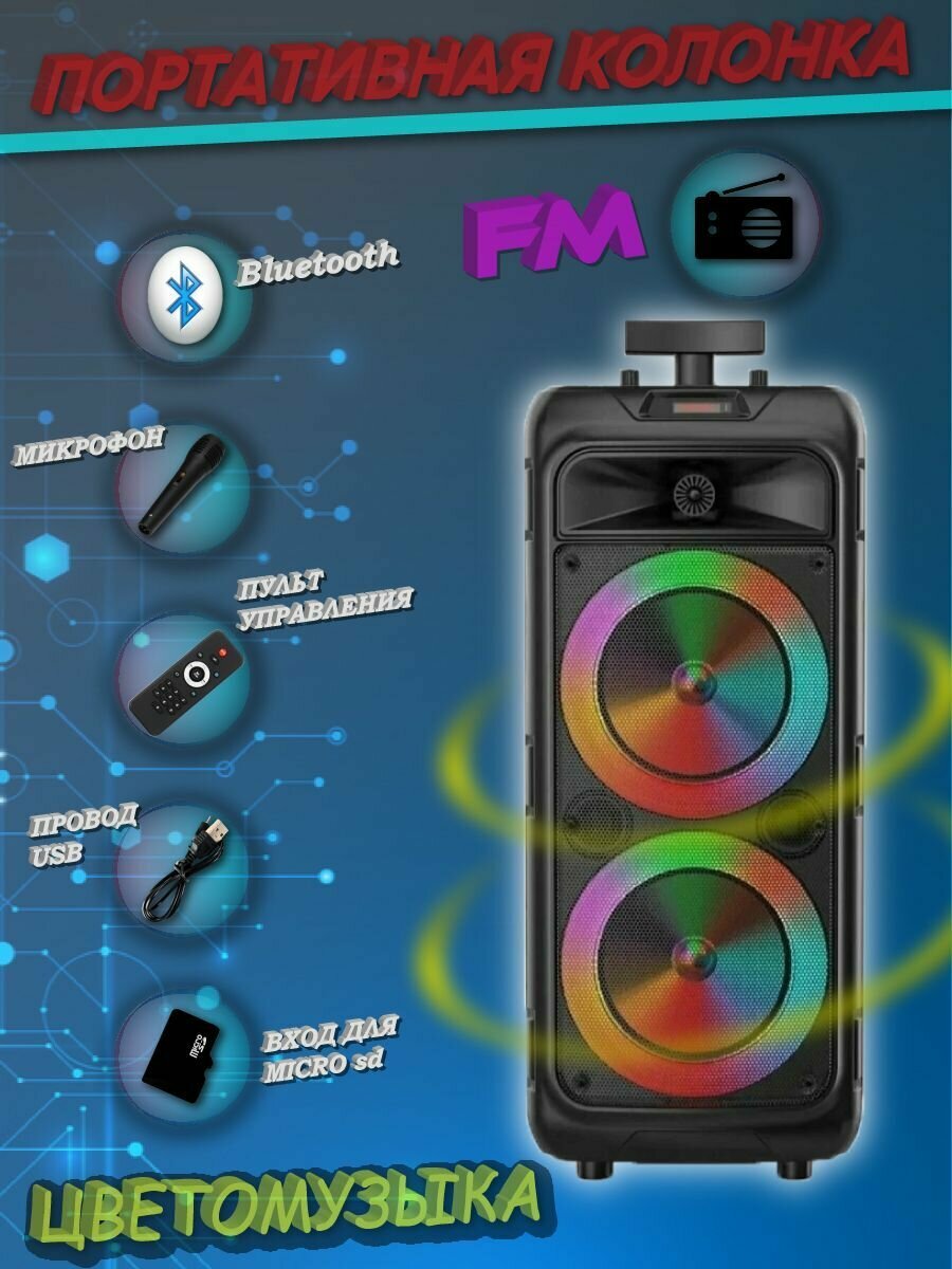 Колонка BT Speaker ZQS-8211 (8"х2/40W) Bluetooth Караоке (черный) — фото 6
