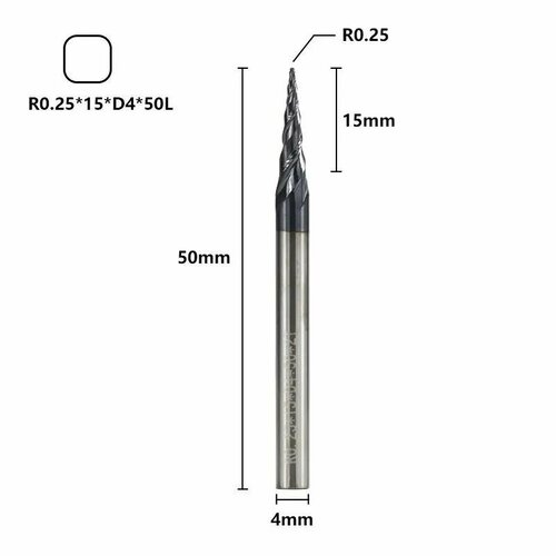 Фреза спиральная двухзаходная конусная сферическая XCAN 0,25х15х4х50 мм, покрытие TiALN фреза спиральная двухзаходная конусная сферическая xcan 0 5х15х4х50 мм покрытие tialn