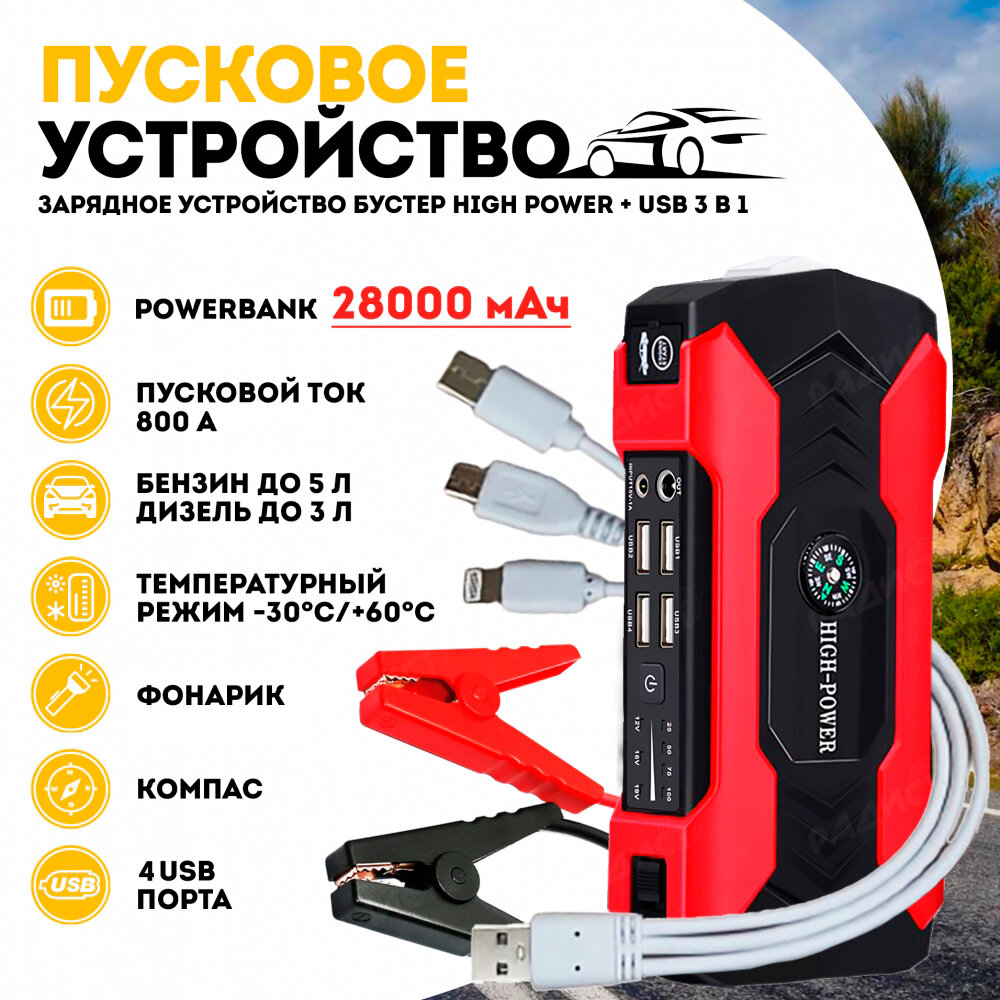 Пусковое зарядное устройство бустер High Power с функцией POWERBANK (28000 мАч) / Пуско зарядное устройство