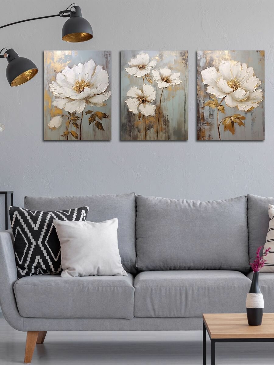 Картины на холсте LOFTime 3 шт цветы масло СЕР ЗОЛ 30Х40 К-557-3040