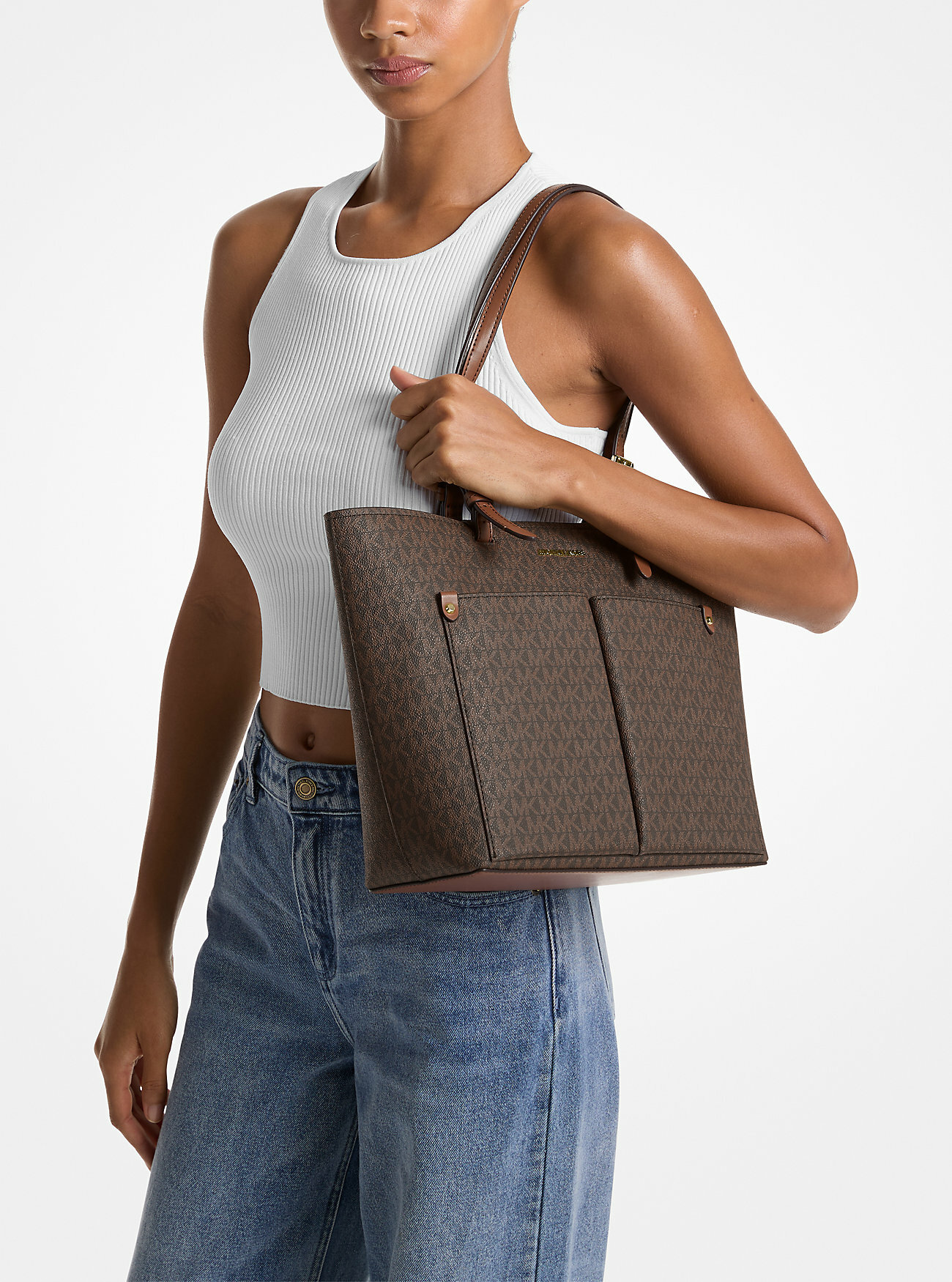 Сумка тоут MICHAEL KORS, фактура тиснение, рельефная, зернистая, матовая, гладкая, перфорированная, коричневый — фото 1