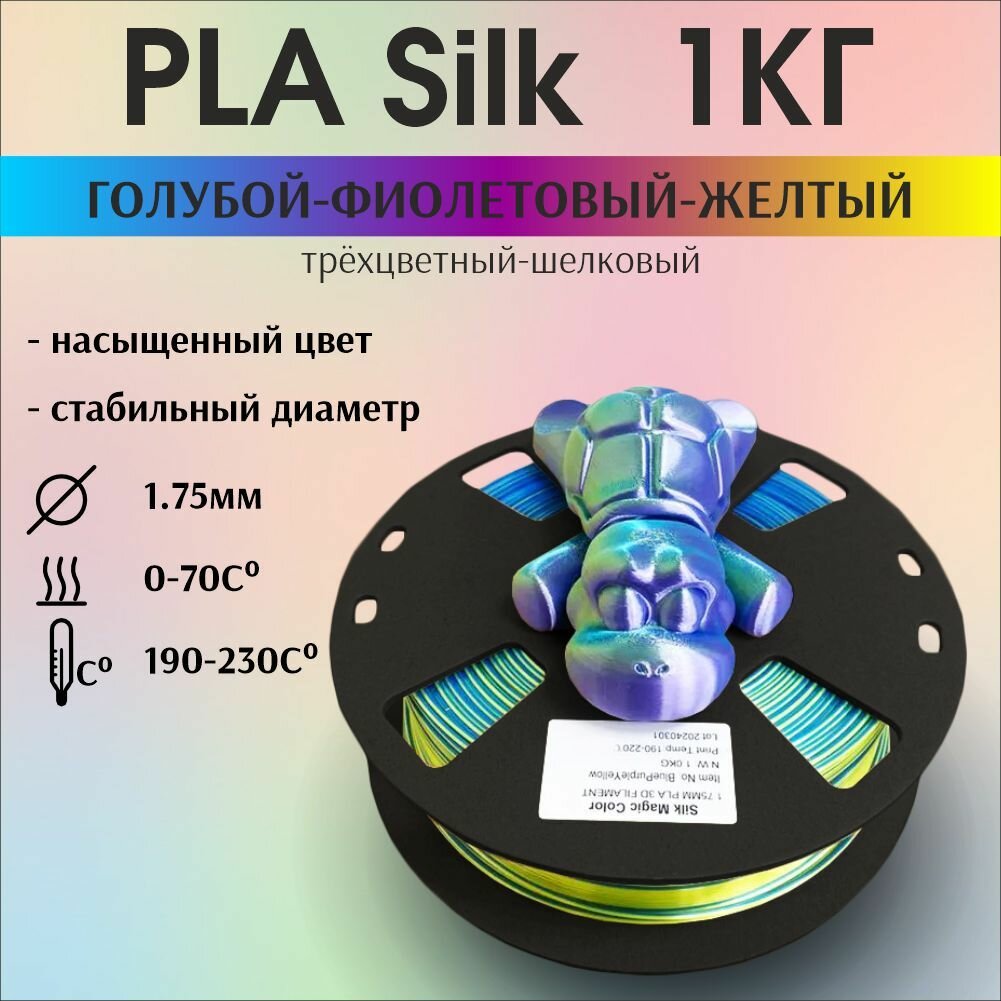 Пластик для 3D печати PLA Silk трехцветный, радужный, шелковый. 1кг