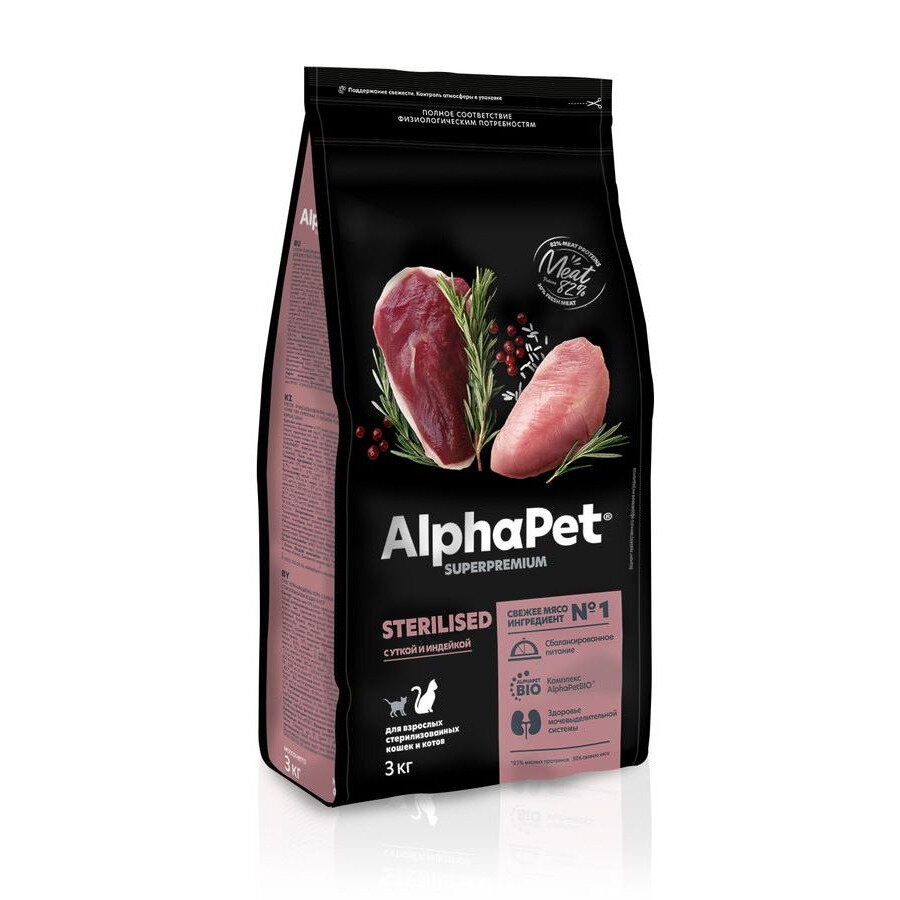 Сухой корм AlphaPet Superpremium (АльфаПет) для взрослых стерилизованных кошек и котов с уткой и индейкой, 3 кг