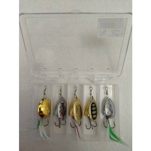 Набор блёсен-вертушек для рыбалки (5 шт, 7 грамм) – универсальные, на щуку, окуня, судака, форель, карпа + кейс