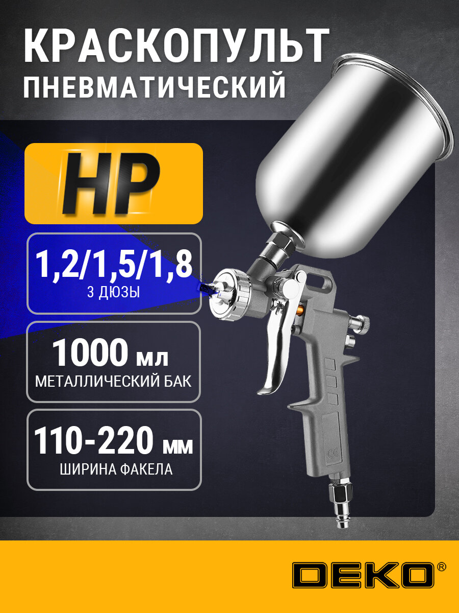 Краскопульт пневматический с верхним бачком и сменными соплами DEKO DKSG1U-1 (1000 мл металл 1.2/1.5/1.8 мм)