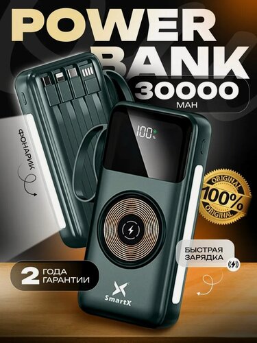 Изображение товара Внешний аккумулятор Power Bank 30000mAh с беспроводной зарядкой и встроенными кабелями