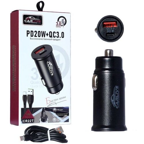 Автомобильное зарядное устройство Carlive CR22t QC3.0+PD20W 38W + кабель Type-C, черный автомобильное зарядное устройство carlive cr22i qc3 0 pd20w 38w кабель lightning черный
