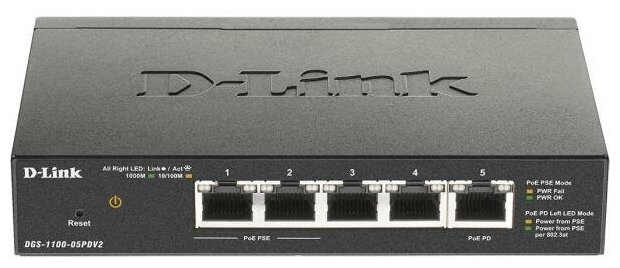 D-Link DGS-1100-05PDV2/A1A, L2 Smart Switch with 4 10/100/1000Base-T ports and 1 10/100/1000Base-T PD port(2 PoE ports 802.3af (15,4 W), PoE Budget 18
