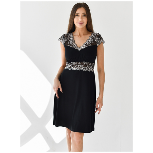 Женская ночная сорочка Мария, кружевная, с рукавом, большого размера 56 черная. Текстильный край.