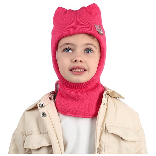 Шапка шлем для девочки зима детская двойная с подкладом Котик с ушками, розовая размер 48-50