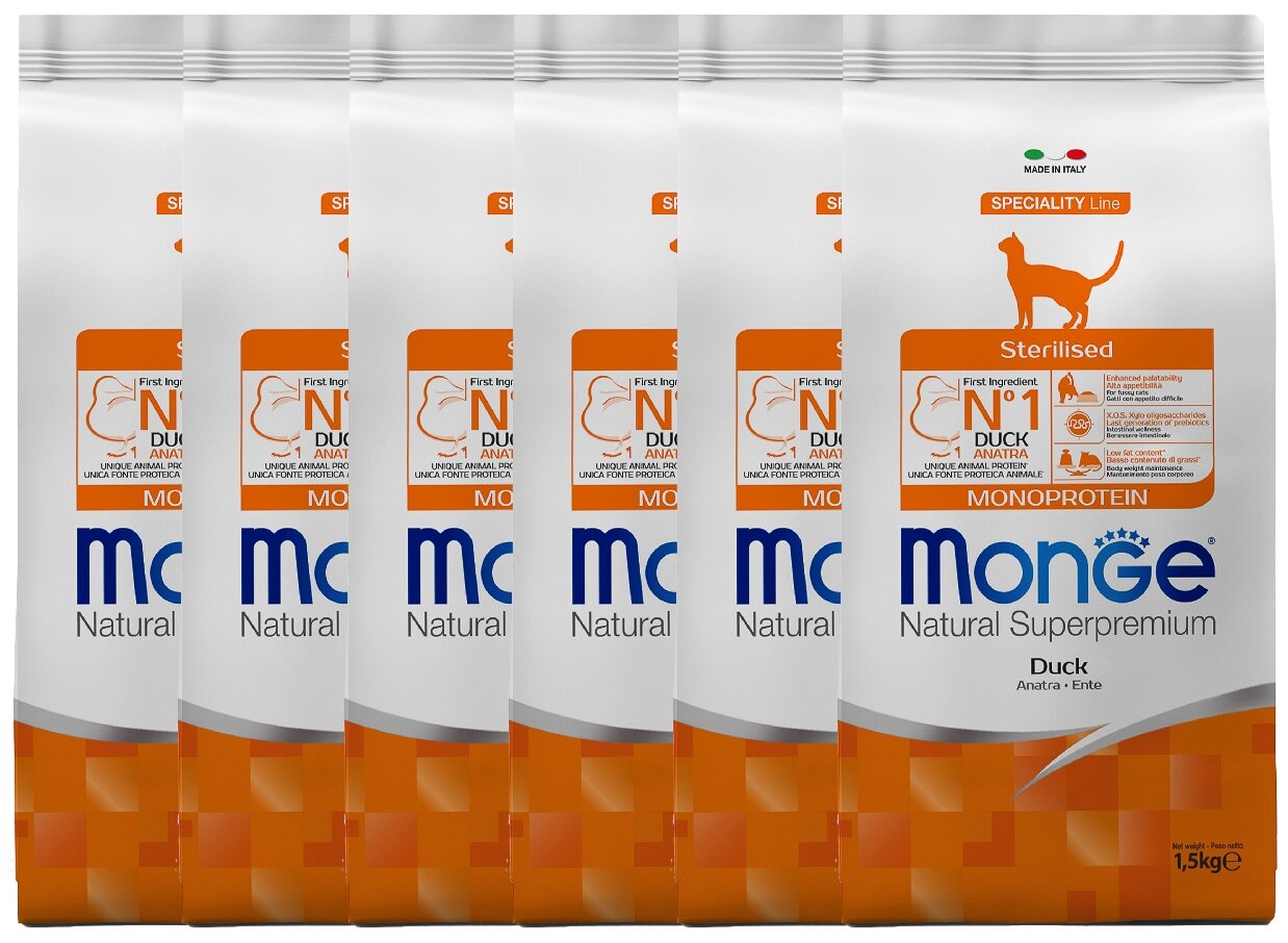 Сухой корм для стерилизованных кошек Monge Natural Superpremium Monoprotein, с уткой 6 шт. х 1.5 кг