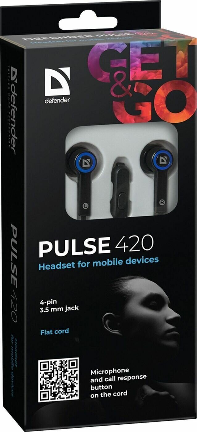 Гарнитура для смартфонов Defender Pulse 420 черный + синий, вставки