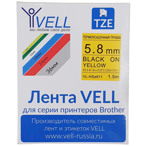 фото Термоусадочная трубка vell hse-611 (brother hse 611, 6 мм, черный на желтом) для pt 1010/1280/d200/h105/e100/ d600/e300/...