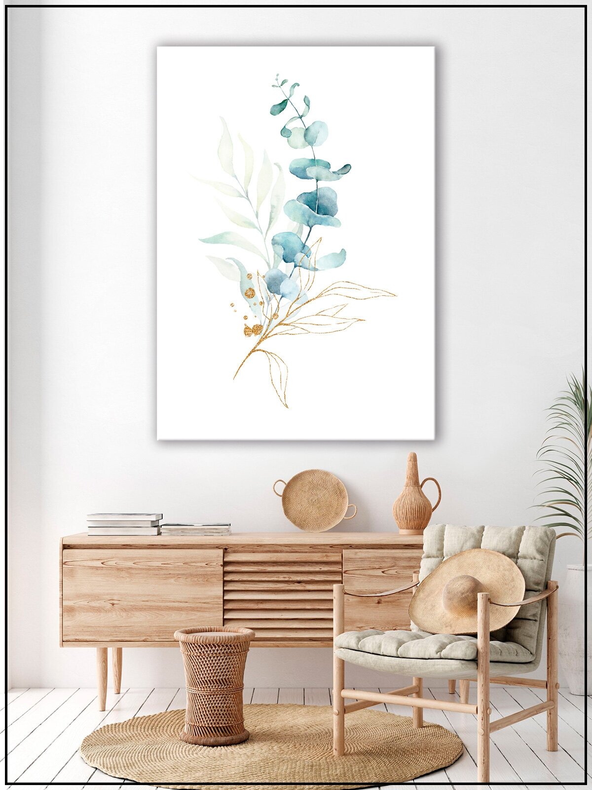 Картина для интерьера на натуральном хлопковом холсте "Акварельные цветочные ветви", 30*40см, холст на подрамнике, картина в подарок