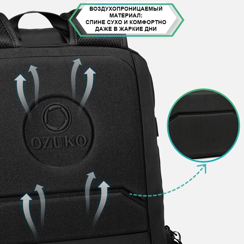 Рюкзак мужской спортивный дорожный городской Ozuko универсальный 20л, для ноутбука 15.6", черный, влагостойкий, молодежный