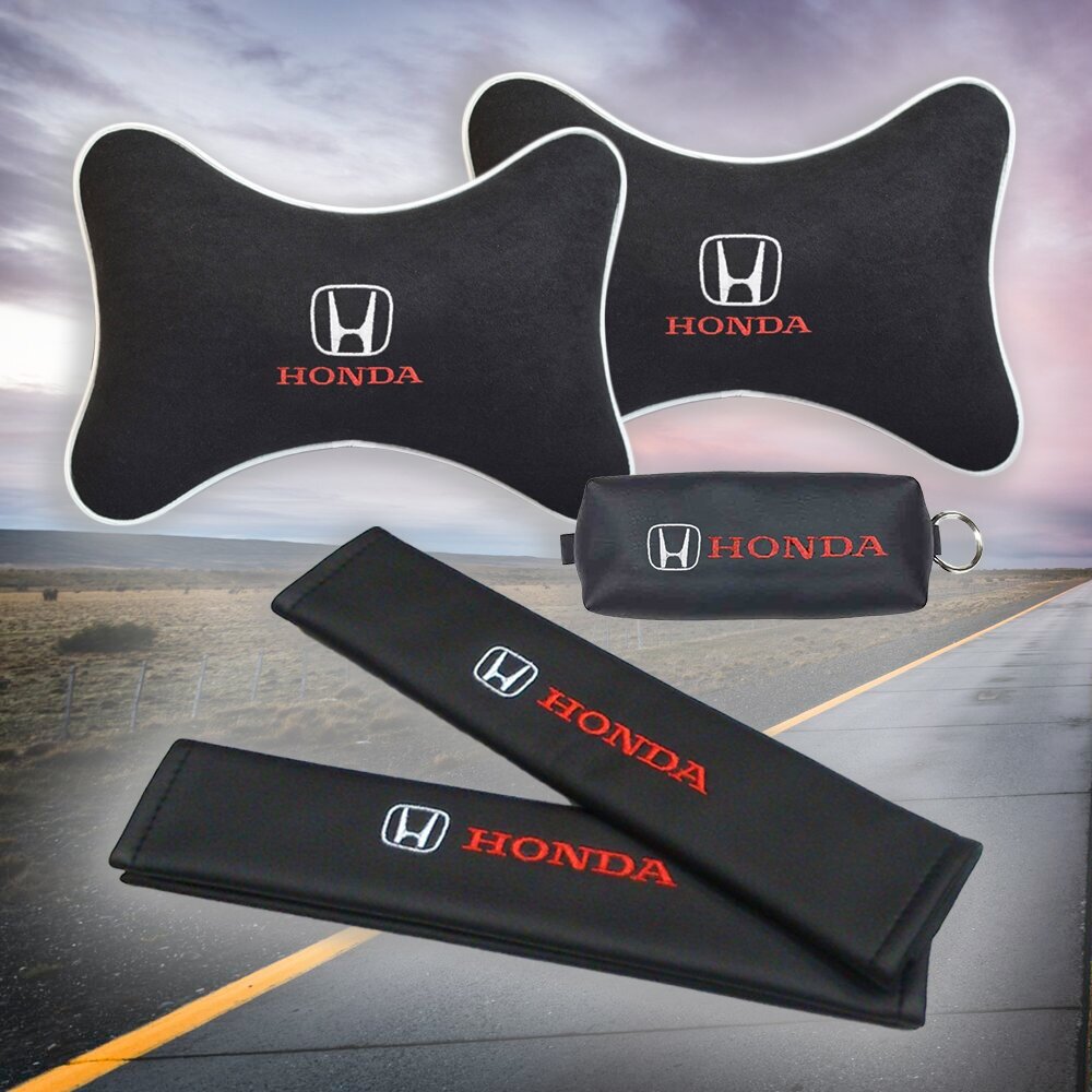 Подарочный набор автомобилиста из черного велюра для Honda (хонда) (две подушки под шею на подголовник ключница и накладки на ремень безопасности)