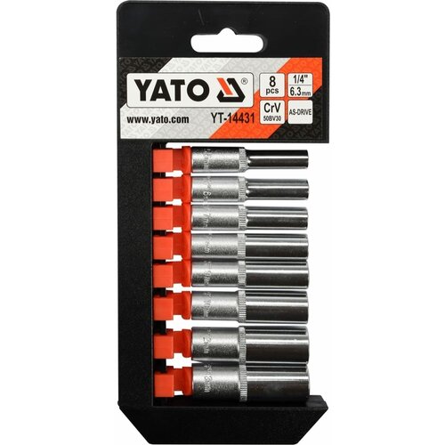 YATO YT-14431 набор головок глубокие 8 пр: 1 / 4 inch, 6 гр. - 5.5, 6-10, 12, 13 мм, в пластм. держателе набор головок 1 4 8 пр 6 гр 6 13 мм сервис ключ