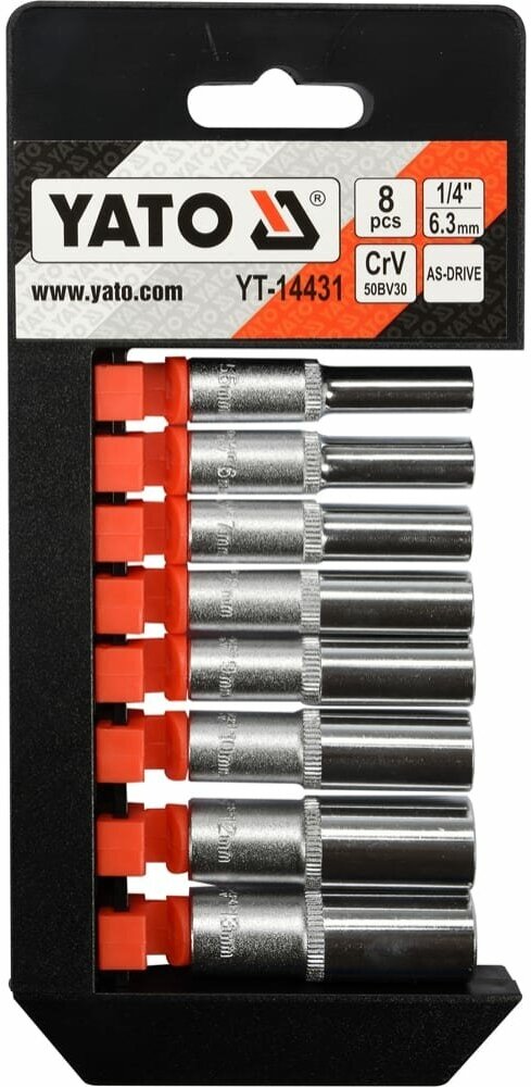 Набор высоких головок YATO 1/4', 8 шт, CrV50BV30, as-drive, YT-14431