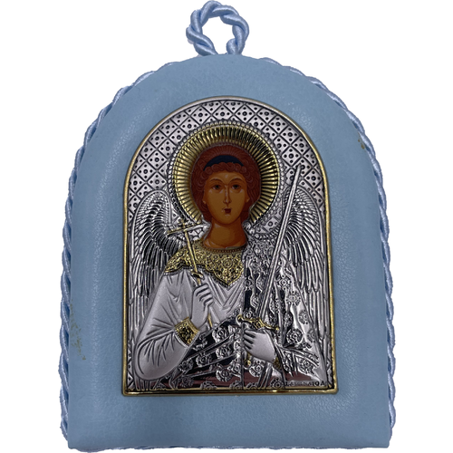Икона Ангел Хранитель, кожаный переплёт - голубого цвета, 4,5*6 см