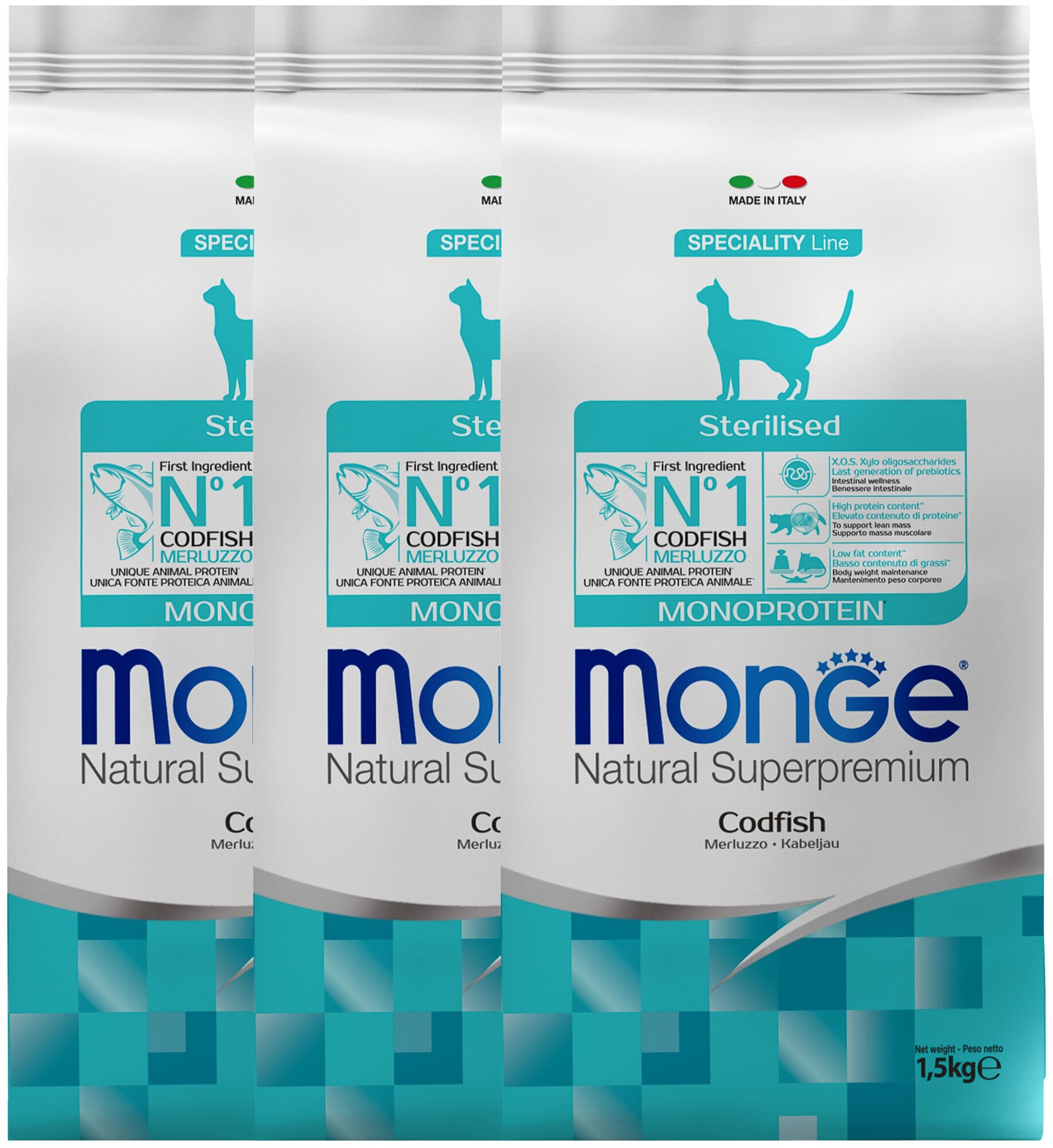 Сухой корм для стерилизованных кошек Monge Monoprotein, , с треской 3 шт. х 1.5 кг
