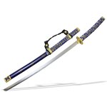 Тачи / Тати японский меч сувенирный на подставке, ножны синие, цуба золото - изображение
