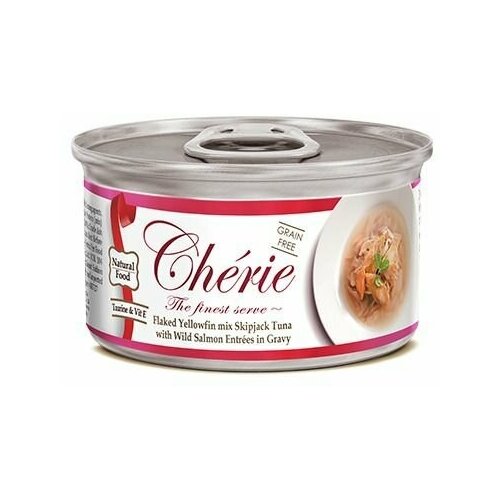 Влажный корм для кошек Pettric Cherie Signature Gravy, смесь из хлопьев желтоперого и полосатого тунца с кусочками лосося в подливе, 80 г х 12 шт