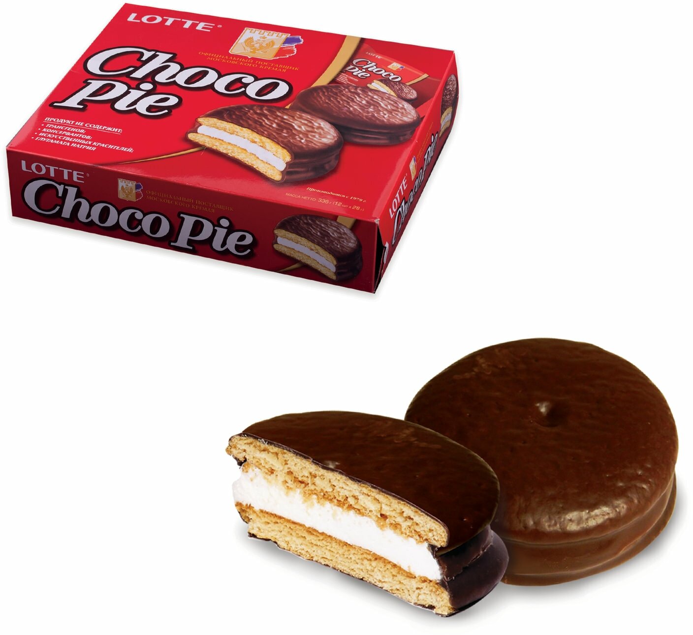 Печенье LOTTE "Choco Pie" ("Чоко Пай"), прослоенное, глазированное, в картонной упаковке, 336 г (12 штук х 28 г) В комплекте: 3шт.