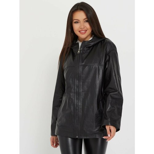 фото Кожаная куртка este'e exclusive fur&leather демисезонная, средней длины, силуэт свободный, капюшон, размер s, черный