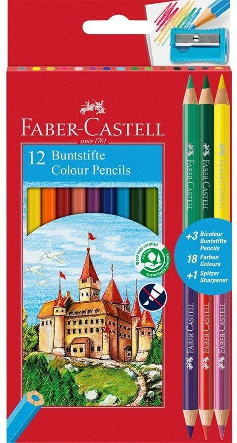 Цветные карандаши Faber Castell Карандаши цветные Faber-Castell "Замок", 18цв. (12 + 3 двухцветных + точилка)