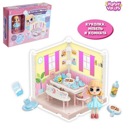 фото Пластиковый домик для кукол «в гостях у молли» гостиная с куклой и аксессуарами happy valley