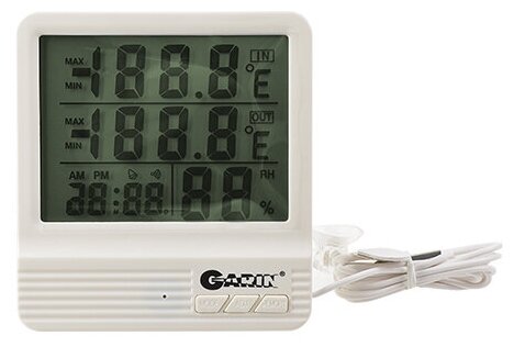 Комнатный термометр(внешняя и внутренняя температура) +гигрометр+часы+календарь с внешним датчиком с проводом 1,5м (питание 1хААА - в комплекте) - WS-4 (Garin) (код заказа 16940 )