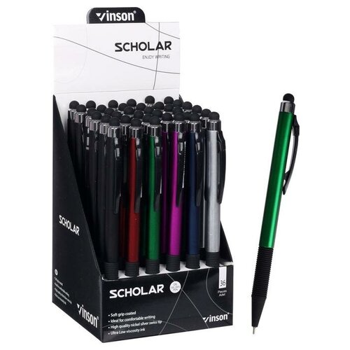 Ручка шариковая автоматическая 0,7мм синяя масляная, Vinson корпус микс резиновым держателем, штрихкод