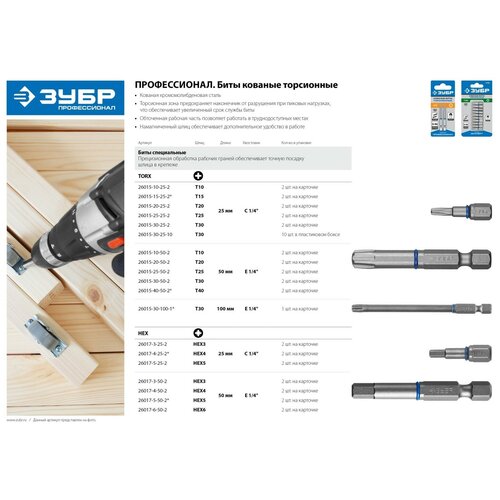Торсионные биты ЗУБР TX 10, 25 мм, 2 шт эксперт