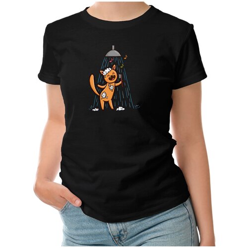 Женская футболка «Кот поет в душе. Подарок для Водолея» (XL, темно-синий)